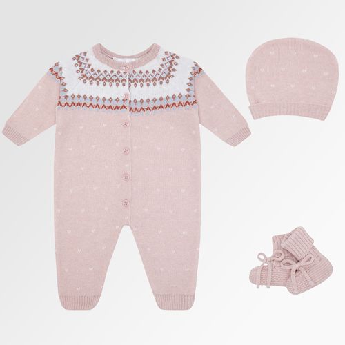Macacão de Bebê Feminino Longo Tricot Jacquard com Touca - ROSE