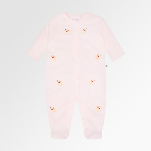 Macacão de Bebê Feminino Longo Algodão Egípcio Bordado Cachorrinho - ROSA BEBE
