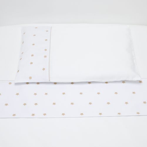 Jogo de Lençol de Berço Algodão Egípcio 300 Fios Bordado Estrelas - KAKI