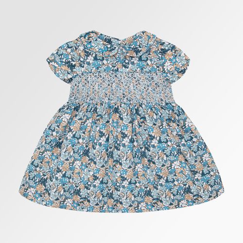 Vestido de Bebê Feminino Ponto Smock Fustão Estampa Royals - AZUL MARINHO