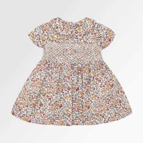 Vestido de Bebê Feminino Ponto Smock Fustão Estampa Flowers - BEGE