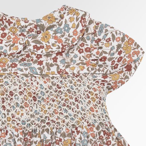 Vestido de Bebê Feminino Ponto Smock Fustão Estampa Flowers - BEGE