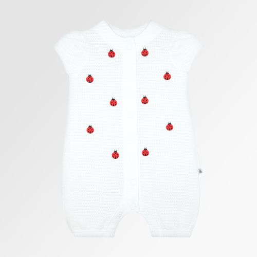 Macacão de Bebê Feminino Curto Tricot Jetty com Bordado de Joaninhas - BRANCO