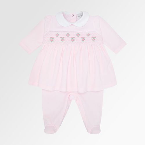 Macacão Vestido de Bebê Feminino Longo Plush Ponto Smock - ROSA