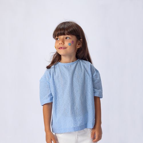 Bata Infantil Feminina Cropped Manga Curta Romantic Laise - AZUL