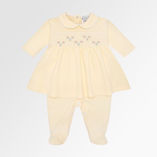 Macacão Vestido de Bebê Feminino Longo Dadinho Ponto Smock - AMARELO