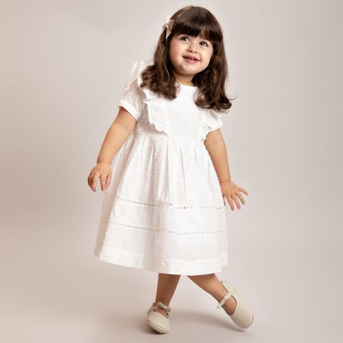 Vestido de Bebê Feminino Laise Flores Bordadas - BRANCO