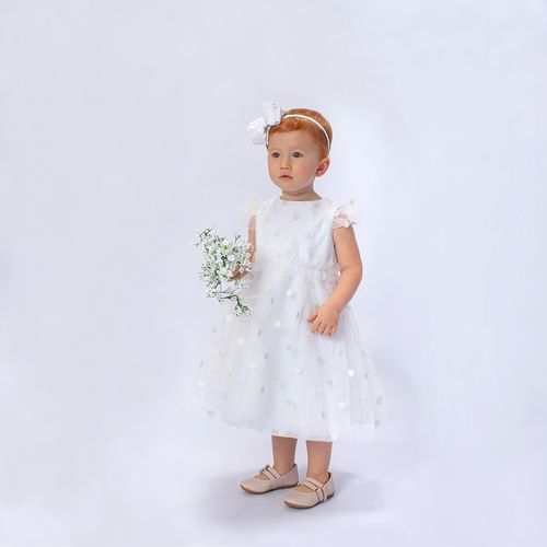 Vestido de Festa Bebê Feminino Tule Poás - OFF WHITE