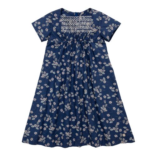 Vestido Infantil Feminino Ponto Smock Algodão Egípcio Fio 60 Margaridas - AZUL MARINHO