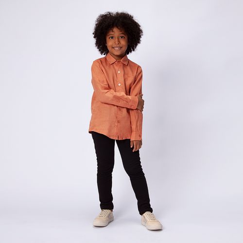 Camisa Infantil Masculina Manga Longa Puro Linho com Bolso - OCRE