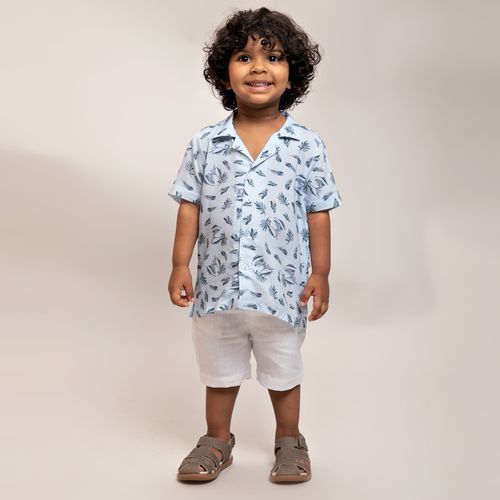 Camisa de Bebê Masculina Manga Curta Folhagens - AZUL