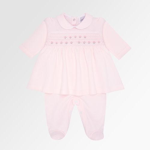Macacão Vestido de Bebê Feminino Longo Dadinho Ponto Smock - ROSA
