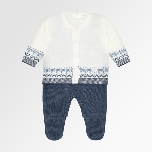 Saída de Maternidade Masculina Tricot Jardineira com Casaco Barrado Jacquard - AZ JEANS/NAT