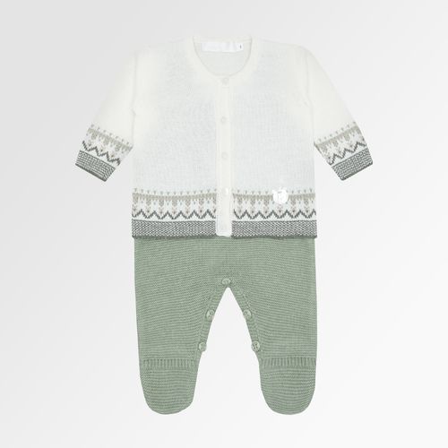 Saída de Maternidade Masculina Tricot Jardineira com Casaco Barrado Jacquard - VERDE/NAT
