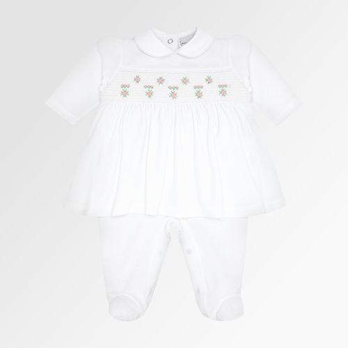 Macacão Vestido de Bebê Feminino Longo Plush Ponto Smock - BRANCO