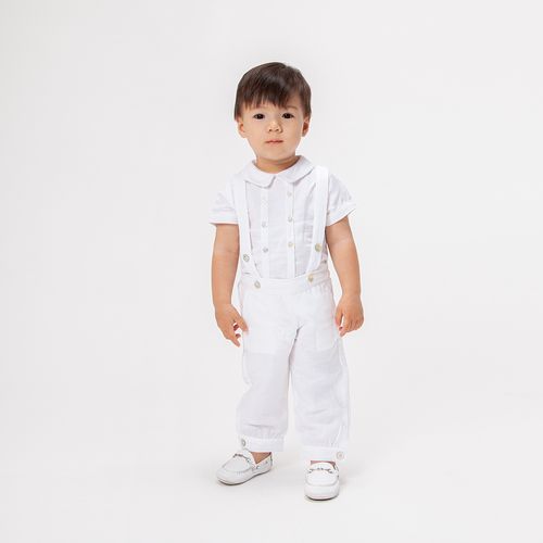 Conjunto Batizado de Bebê Masculino com Jardineira Linho - BRANCO