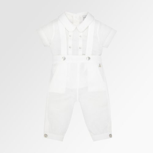 Conjunto Batizado de Bebê Masculino com Jardineira Linho - BRANCO