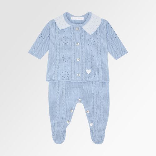 Saída de Maternidade Feminina Tricot Jardineira com Gola Bordada - AZUL BL.SKY