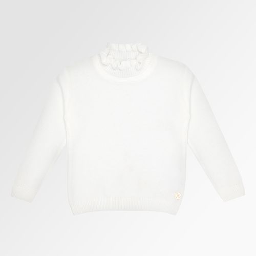 Blusa Tricot Infantil Feminina Manga Longa Gola com Babados Fio Soft - OFF WHITE
