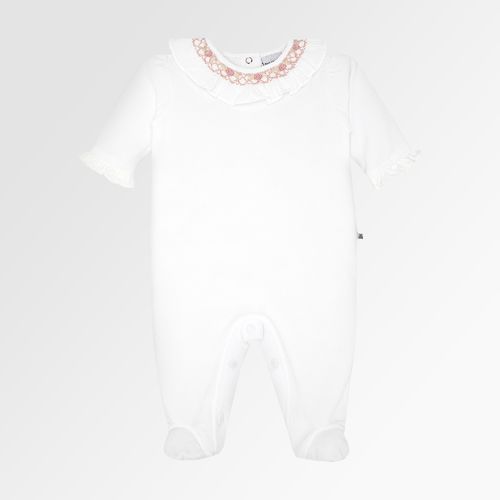 Macacão de Bebê Feminino Longo Plush com Gola Babados Ponto Smock - BRANCO