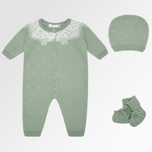Macacão de Bebê Longo Tricot Jacquard Ovelha com Touca e Sapatinho - VERDE M.PLANTACAO