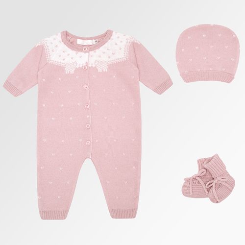 Macacão de Bebê Longo Tricot Jacquard Ovelha com Touca e Sapatinho - ROSA MESCLA