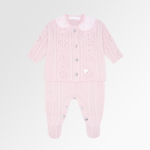 Saída de Maternidade Feminina Tricot Jardineira com Gola Bordada - ROSA PASTEL
