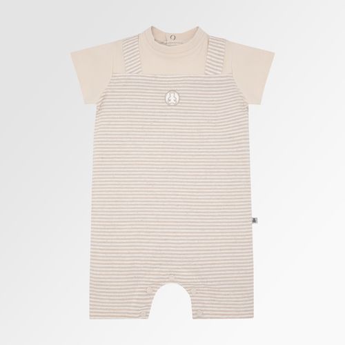 Macacão de Bebê Masculino Curto Listrado com Suspensório - OCRE