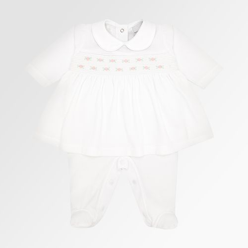 Macacão Vestido de Bebê Feminino Longo Plush Ponto Smock - BRANCO