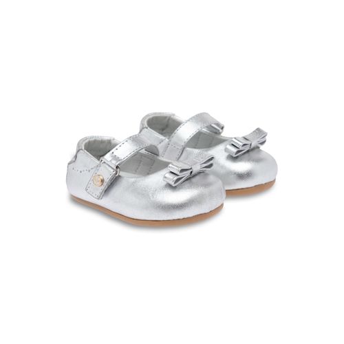 Sapato Boneca de Bebê Feminino Couro Laço Fino - PRATA