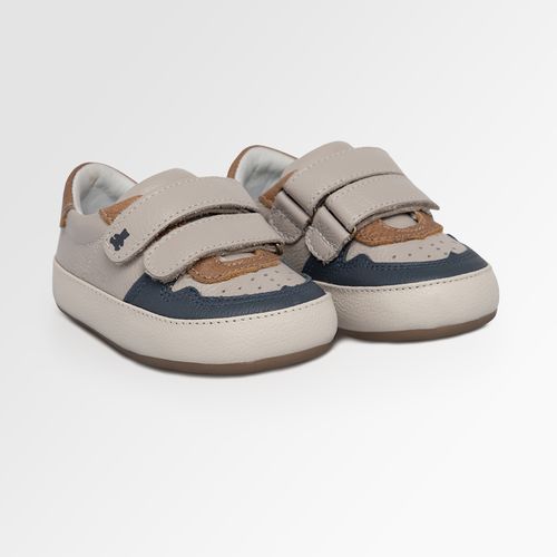 Tênis de Bebê Masculino Couro Tricolor com Tiras - CZ/AZM/PALHA