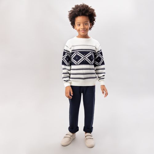 Blusa Tricot Infantil Masculino Manga Longa Jacquard Bicolor - NATURAL/PROF