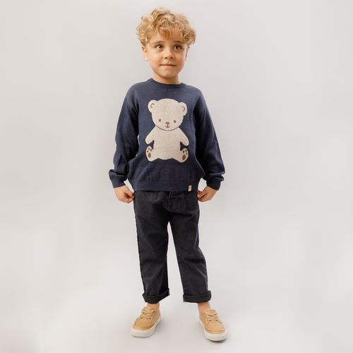 Blusa Tricot de Bebê Masculina Manga Longa Jacquard Urso - DARK JEANS