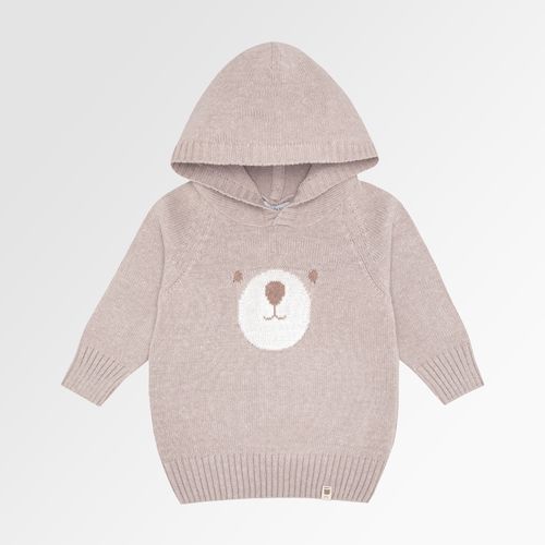 Blusa Tricot de Bebê Masculina Manga Longa Jacquard Urso com Capuz - BEGE M FRONTAL