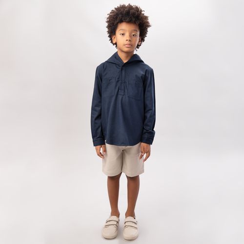 Camisa Infantil Masculina Manga Longa Sarja com Bolsos - AZUL MARINHO