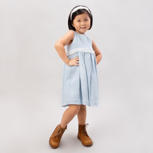 Vestido de Bebê Feminino Tweed com Pregas - AZUL BEBE