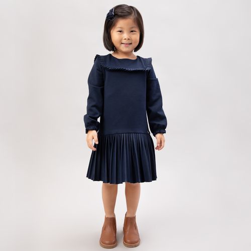 Vestido de Bebê Feminino Manga Longa Ponto Roma Plissado - AZUL MARINHO
