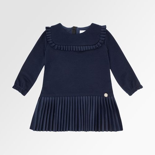 Vestido de Bebê Feminino Manga Longa Ponto Roma Plissado - AZUL MARINHO