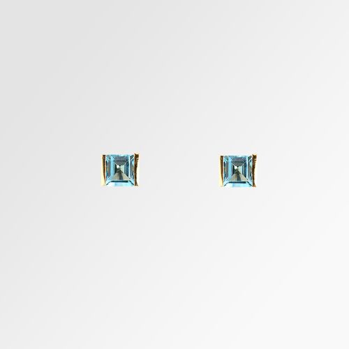 Brinco Infantil Feminino Estilo Carré 4x4mm Topázio Azul 45 Pontos Ouro 18k - AZUL TOPAZIO