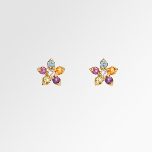 Brinco de Bebê Feminino Flor Pedras Brasileiras Ouro 18k - COLLOR