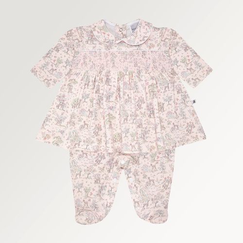 Macacão Vestido de Bebê Feminino Longo Algodão Egípcio Liberty Fabrics Floresta - ROSA BEBE