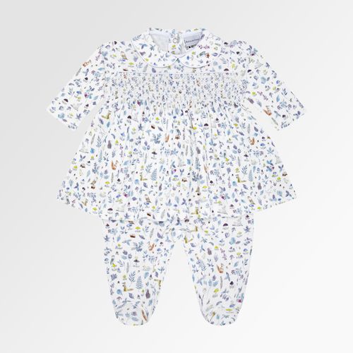 Macacão Vestido de Bebê Feminino Longo Algodão Egípcio Liberty Fabrics Jardim - BRANCO