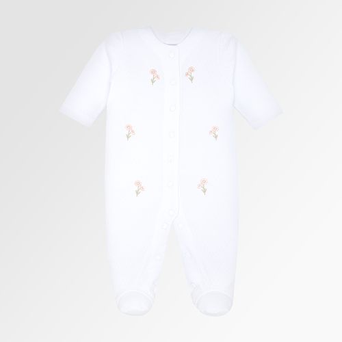 Macacão de Bebê Feminino Longo Dadinho com Bordado Flores - BRANCO