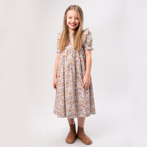 Vestido Infantil Feminino Fustão Estampa Flowers Midi - BEGE