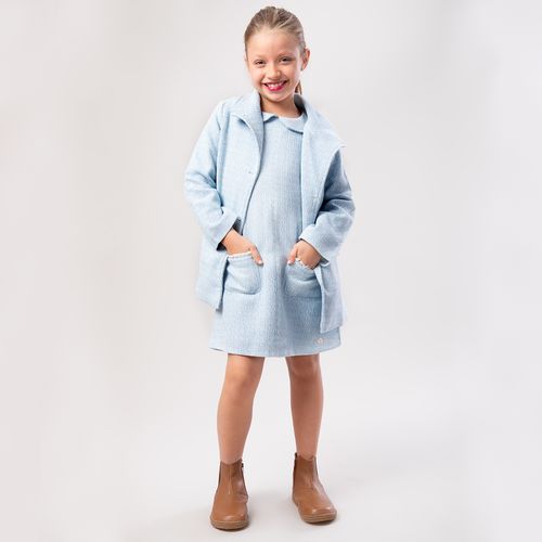 Casaco Infantil Feminino Tweed com Bolsos Longo - AZUL BEBE