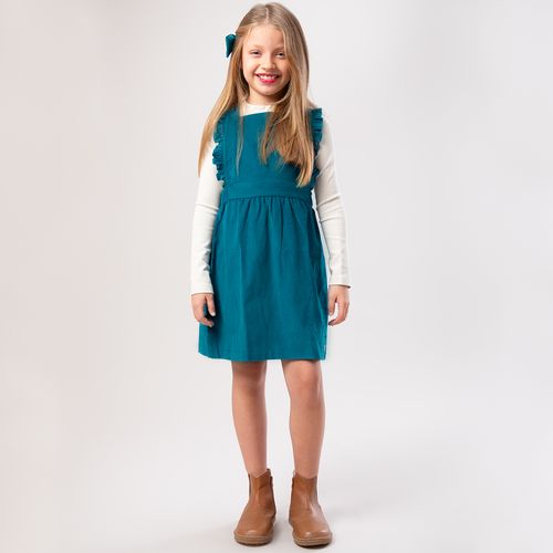 Salopete Infantil Feminina Veludo com Babados - AZUL