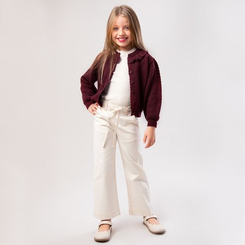 Cardigan Tricot Infantil Feminino Ponto Colméia com Babados - VINHO