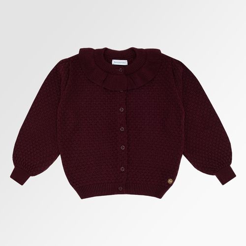 Cardigan Tricot Infantil Feminino Ponto Colméia com Babados - VINHO
