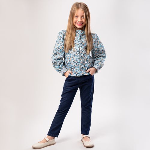 Bata Infantil Feminina Manga Longa Algodão Egípcio Fio 60 Estampa Royals - AZUL MARINHO