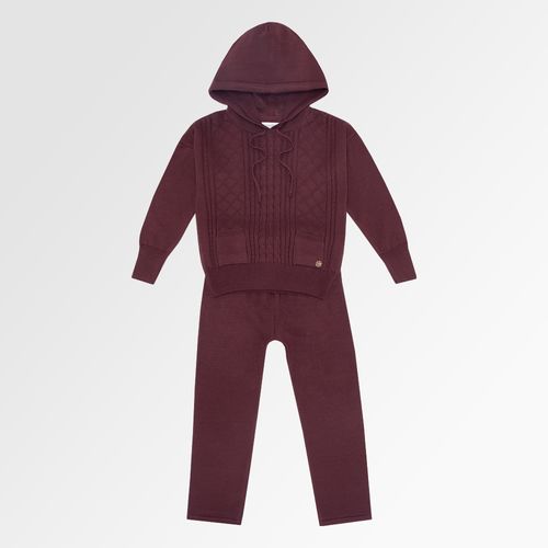 Conjunto Infantil Feminino Tricot Tranças com Capuz - VINHO